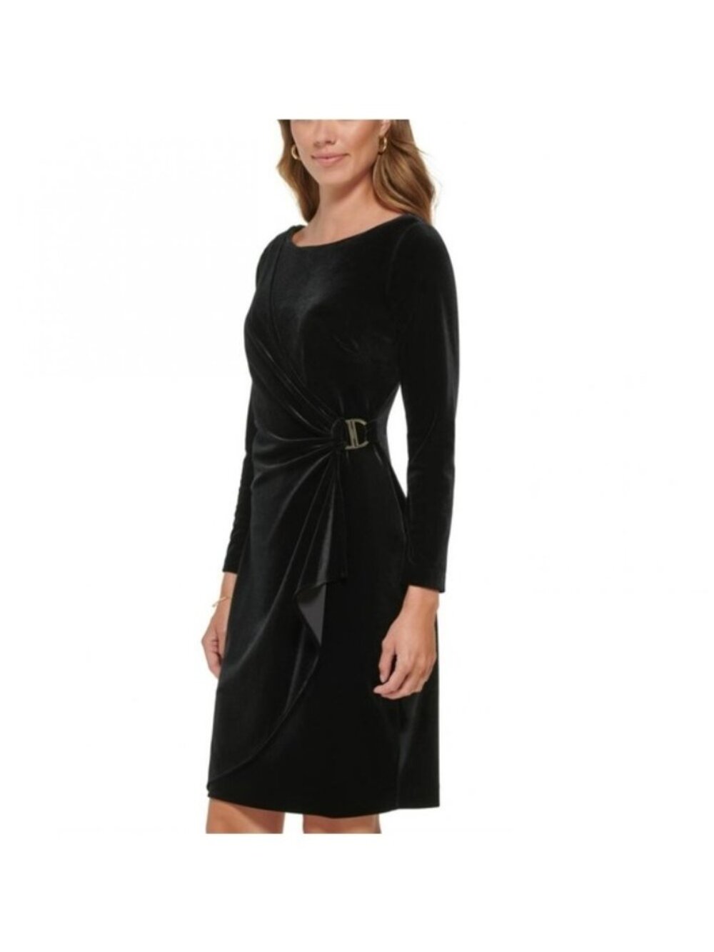 NWT DKNY Womens Black Velvet Draped Long Sleeve Boat Neck Sheath Dress Size 8
